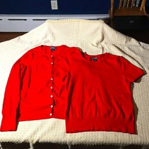 Lands End Red Cardigan & Short Sleeve Sweater Twin Set Size Small